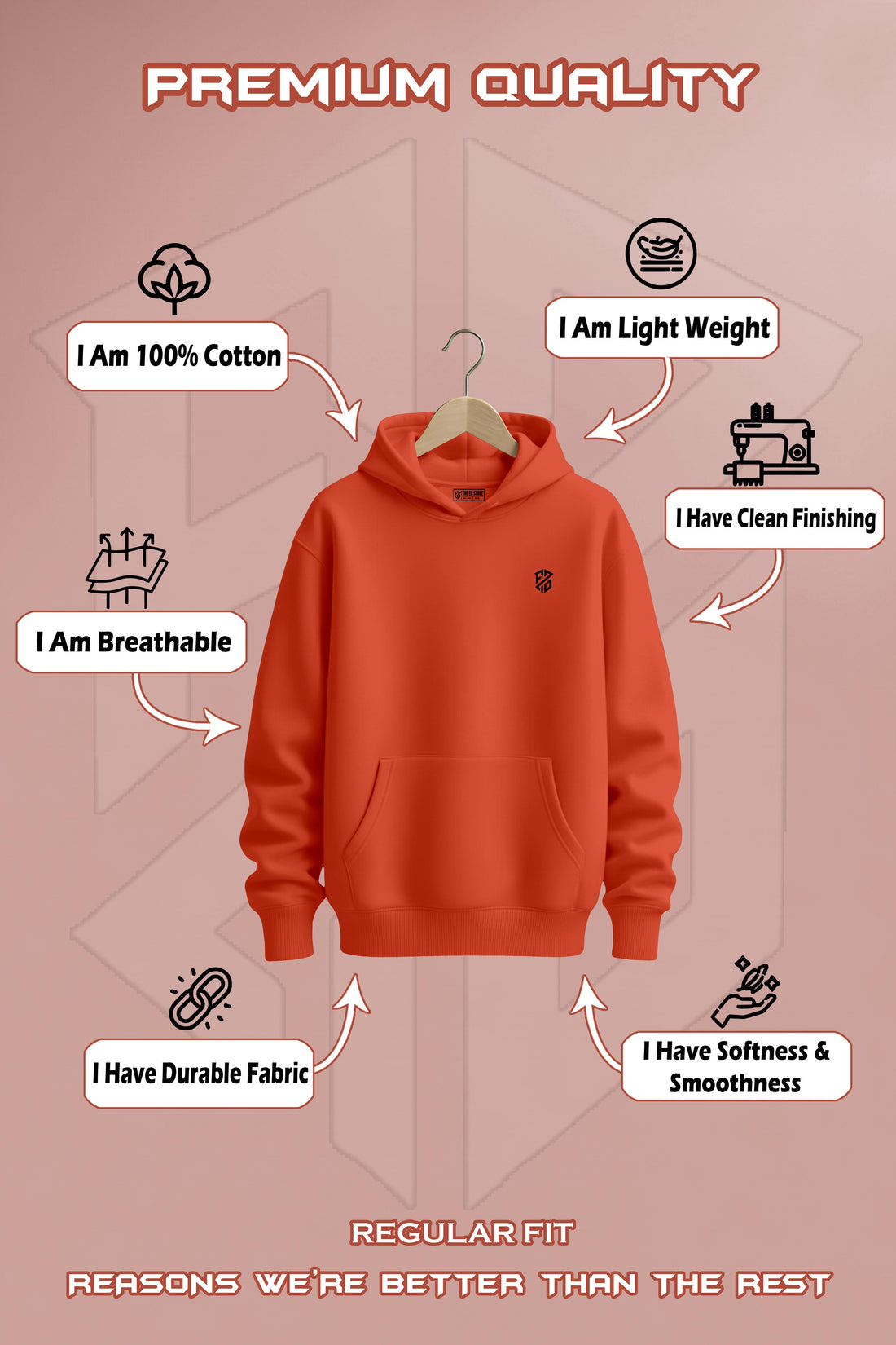 Men’s Electric Orange Oversized Hoodie – Heavyweight Full Sleeve Streetwear