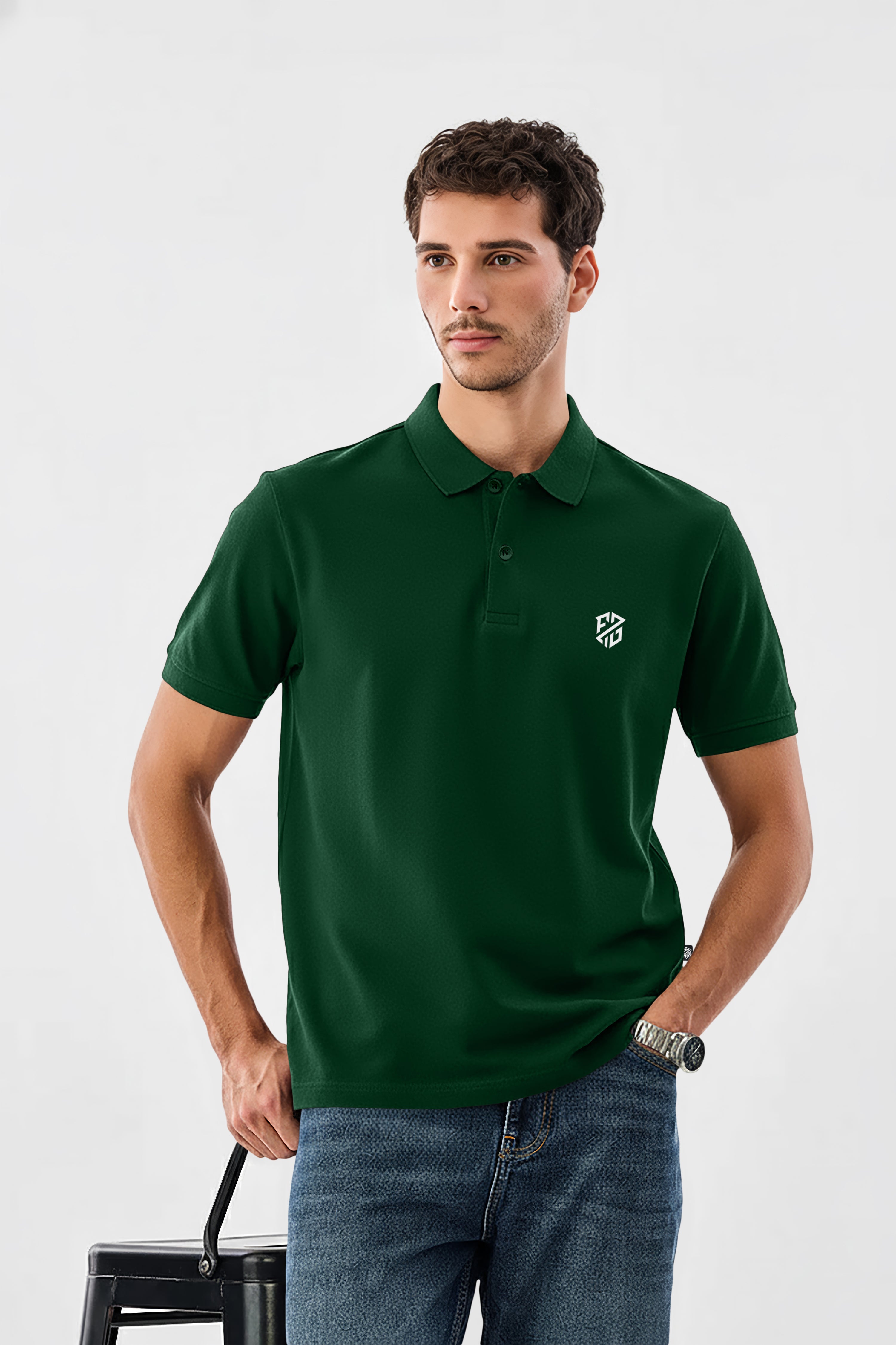 Men's Dark Green Premium Pique Cotton Polo Neck T-Shirt - Half Sleeves