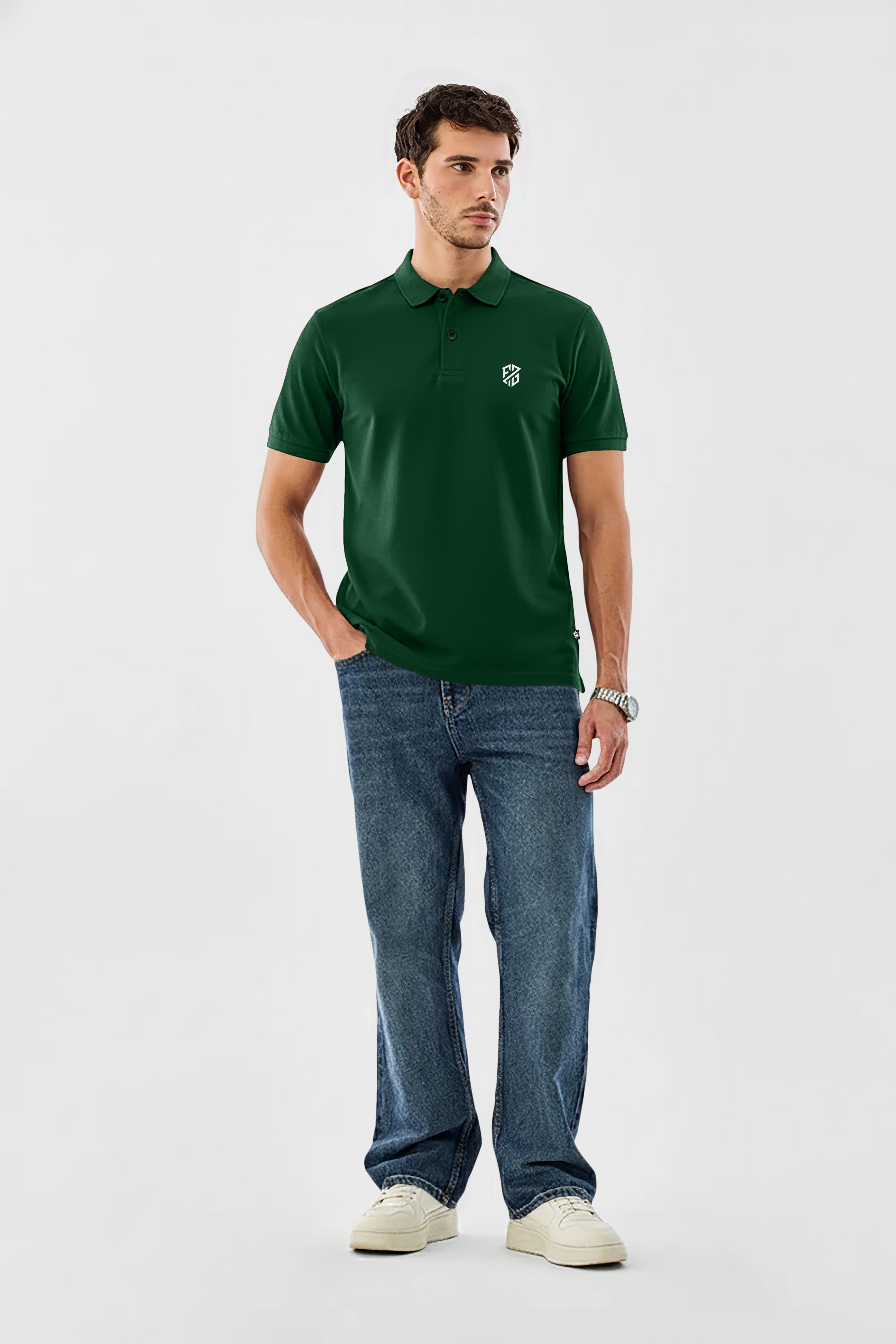 Men's Dark Green Premium Pique Cotton Polo Neck T-Shirt - Half Sleeves