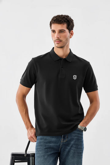 Men's Jet Black Premium Pique Cotton Polo Neck T-Shirt - Half Sleeves | Slim Fit Essential