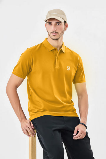 Men's Mustard Yellow Classic Pique Polo – Breathable Cotton Half-Sleeve