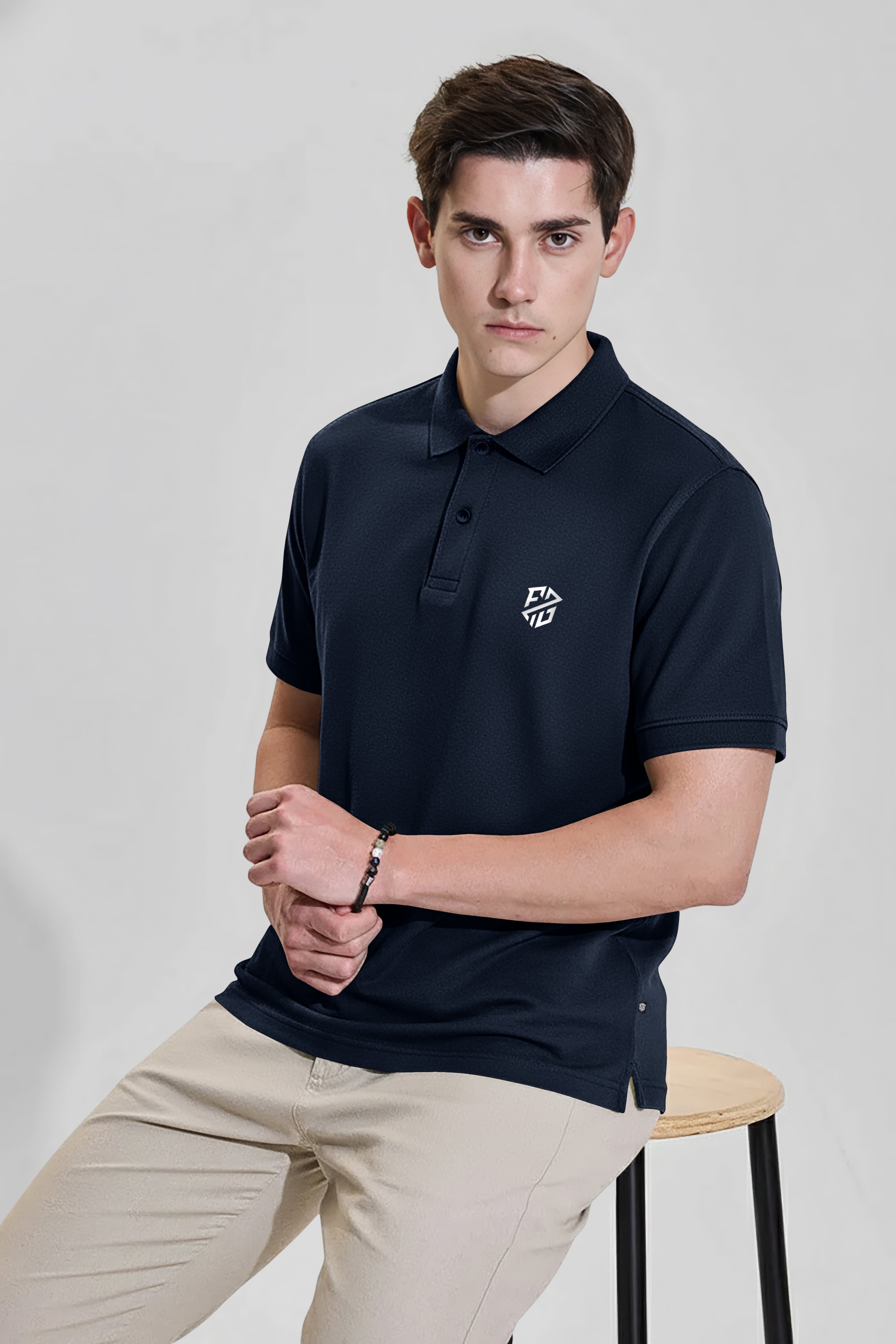 Men's Navy Blue Premium Pique Cotton Polo Neck T-Shirt - Half Sleeves | Slim Fit