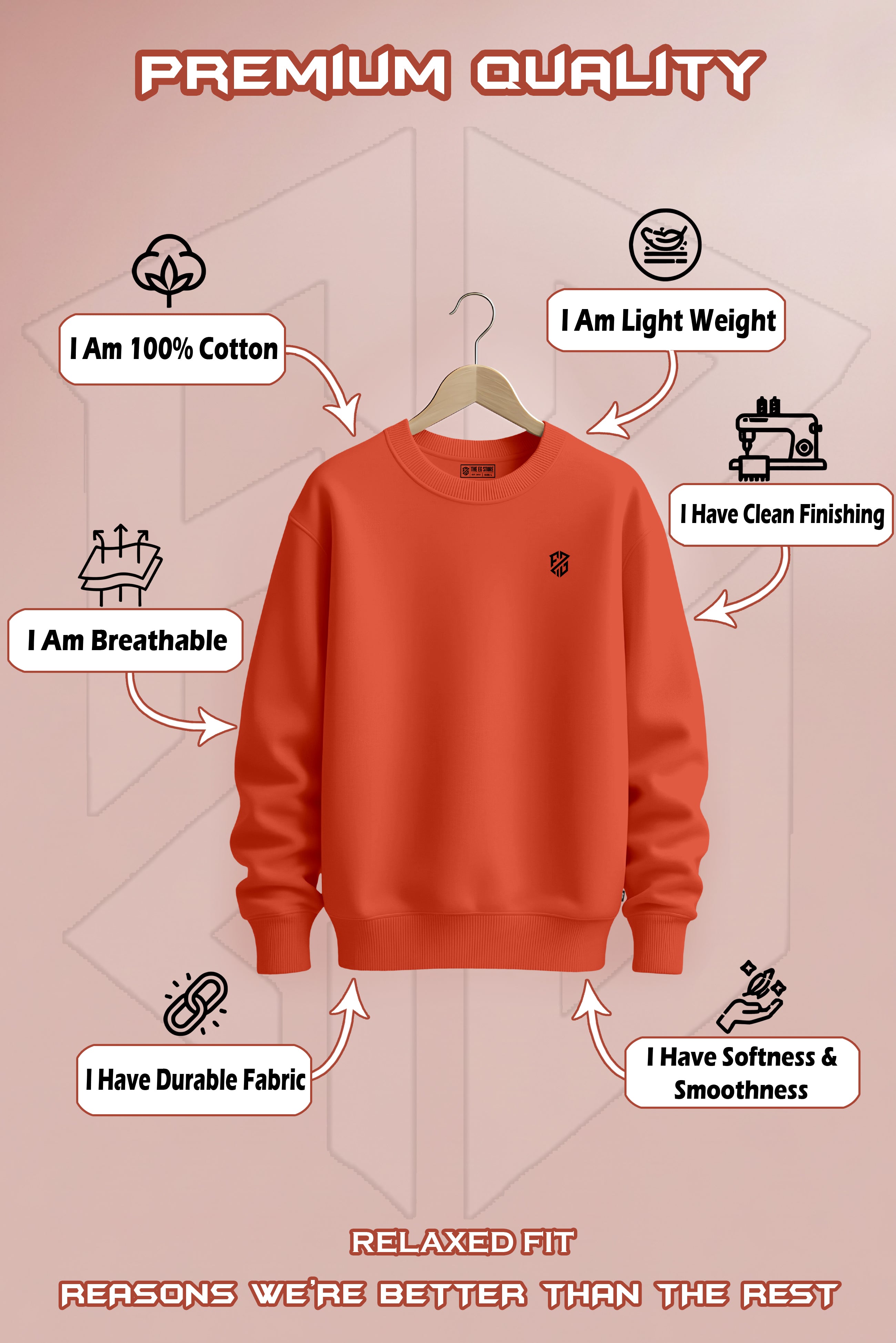 : Men’s Electric Orange Crewneck Sweatshirt – Heavyweight Full Sleeve Streetwear