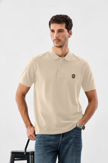 Men's Premium Beige/Skin Cotton Polo Neck Half Sleeve T-Shirt - Slim Fit Minimalist Tee