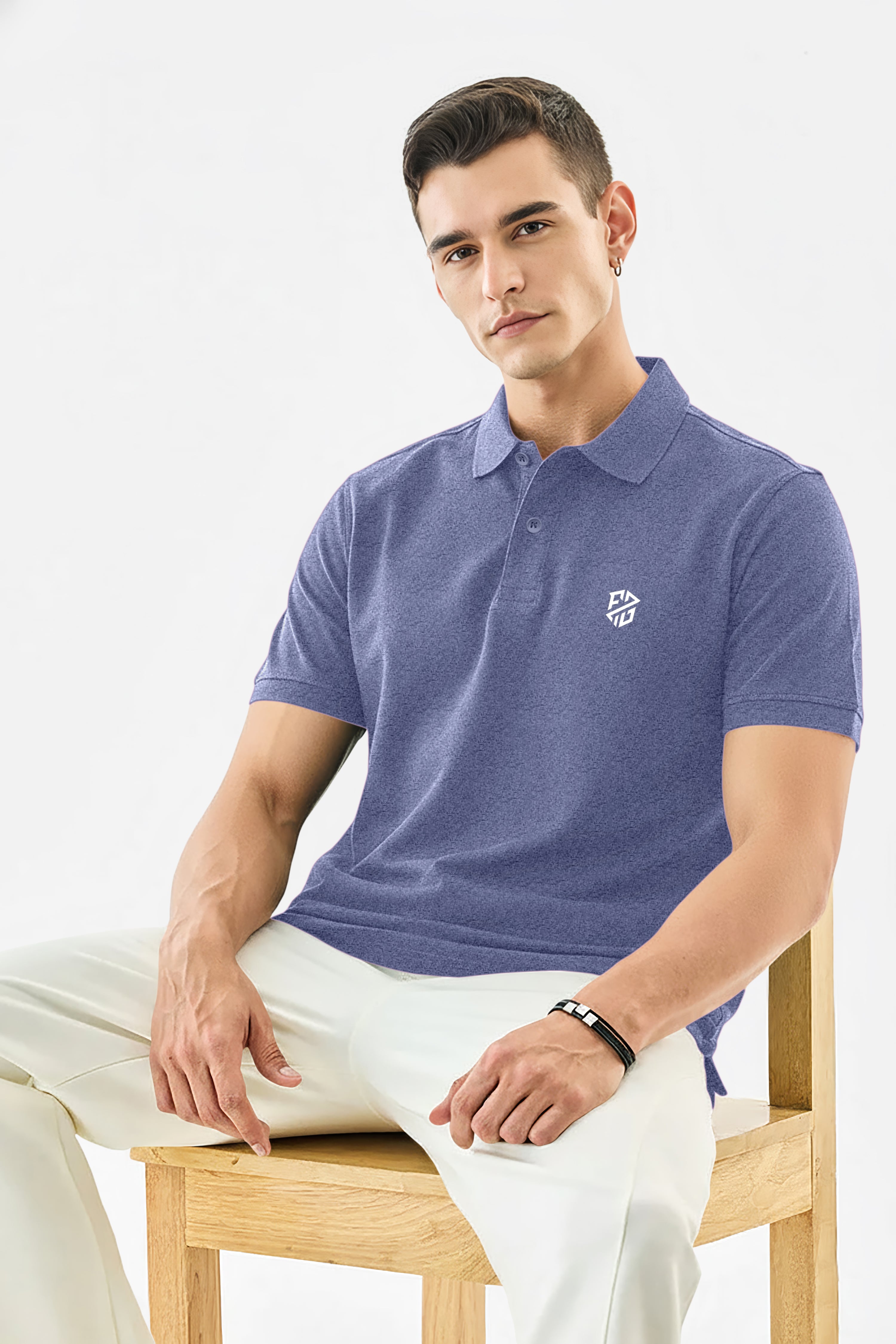 Men's Blue Melange Premium Pique Cotton Polo Neck T-Shirt - Half Sleeves