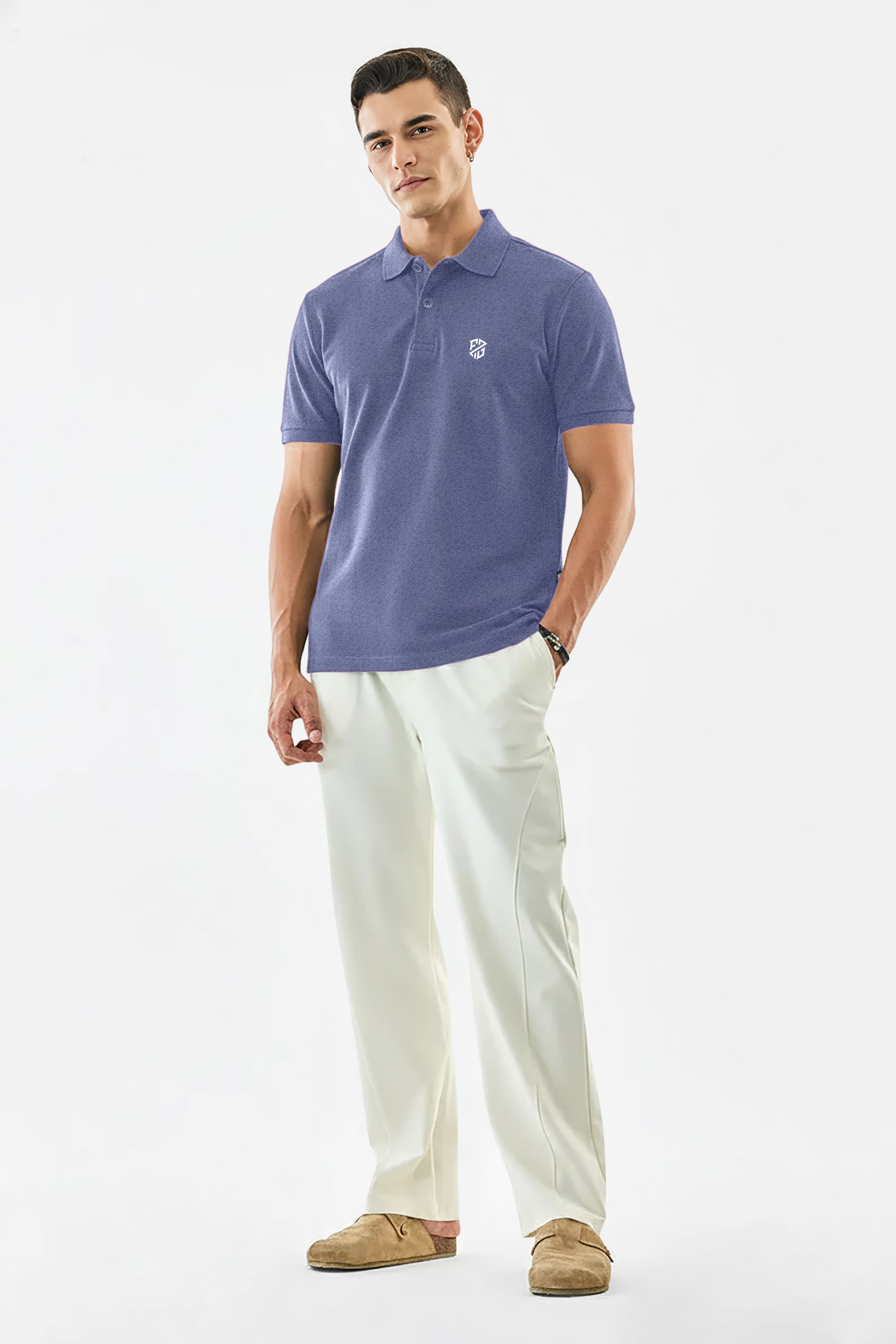 Men's Blue Melange Premium Pique Cotton Polo Neck T-Shirt - Half Sleeves