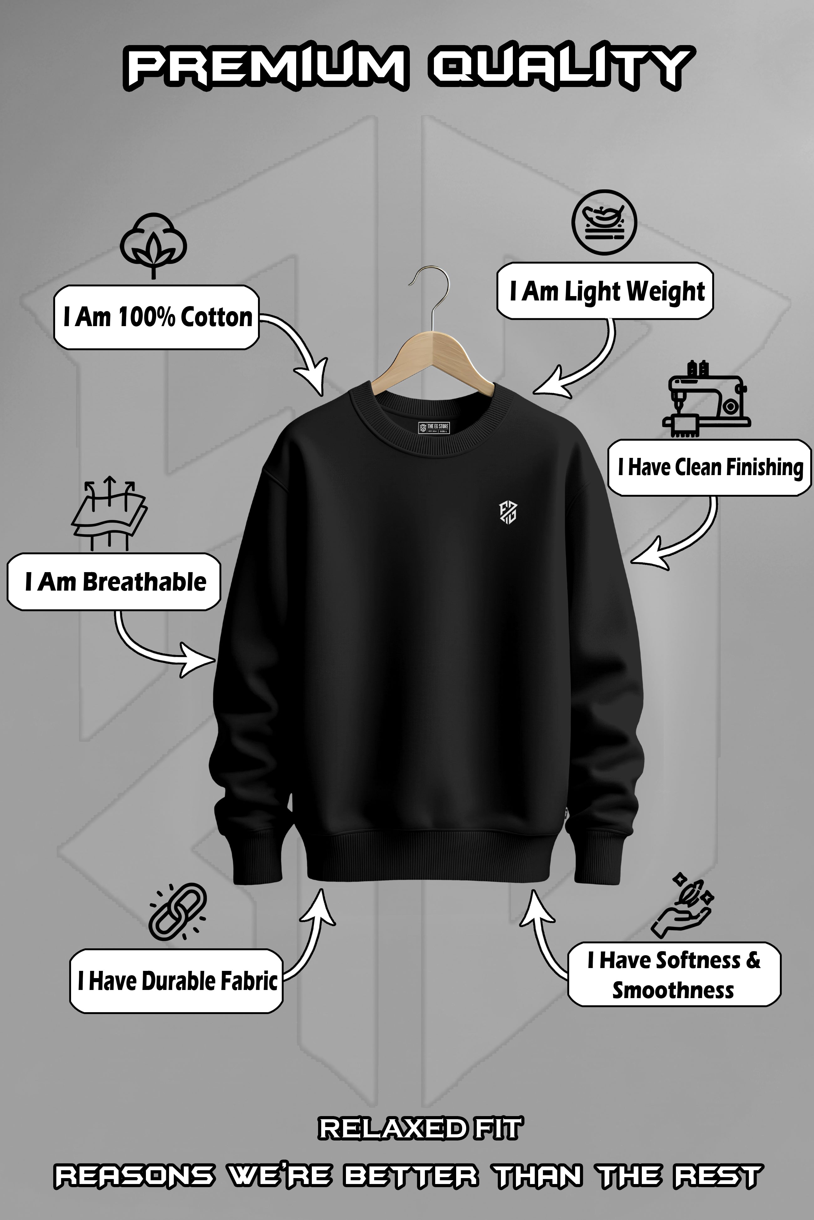 Men’s Jet Black Premium Crewneck – Soft-Touch Full Sleeve Sweatshirt