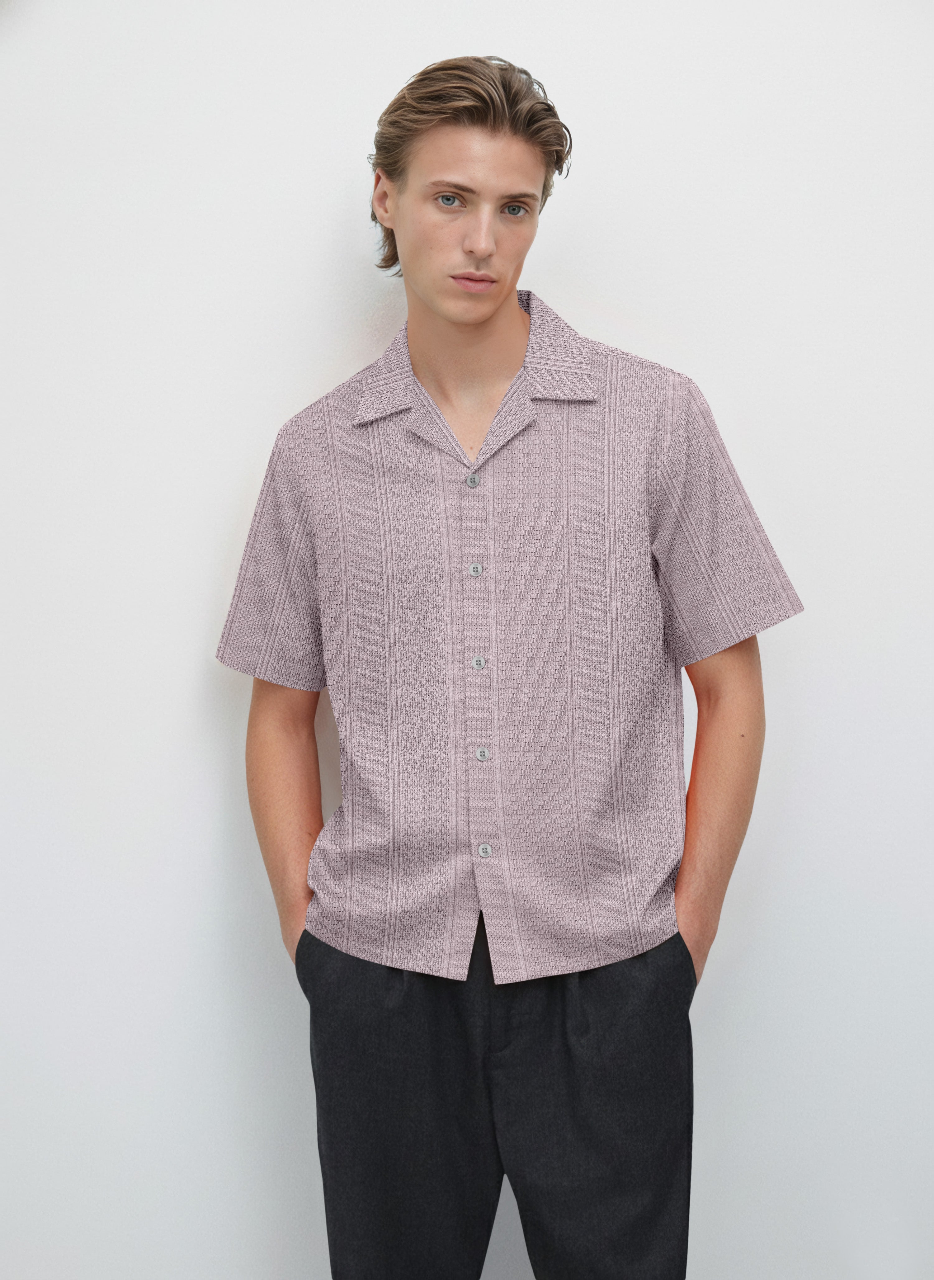 Men's Slim-Fit Light Pink Half-Sleeve Oxford Shirt – Breathable Summer Essential