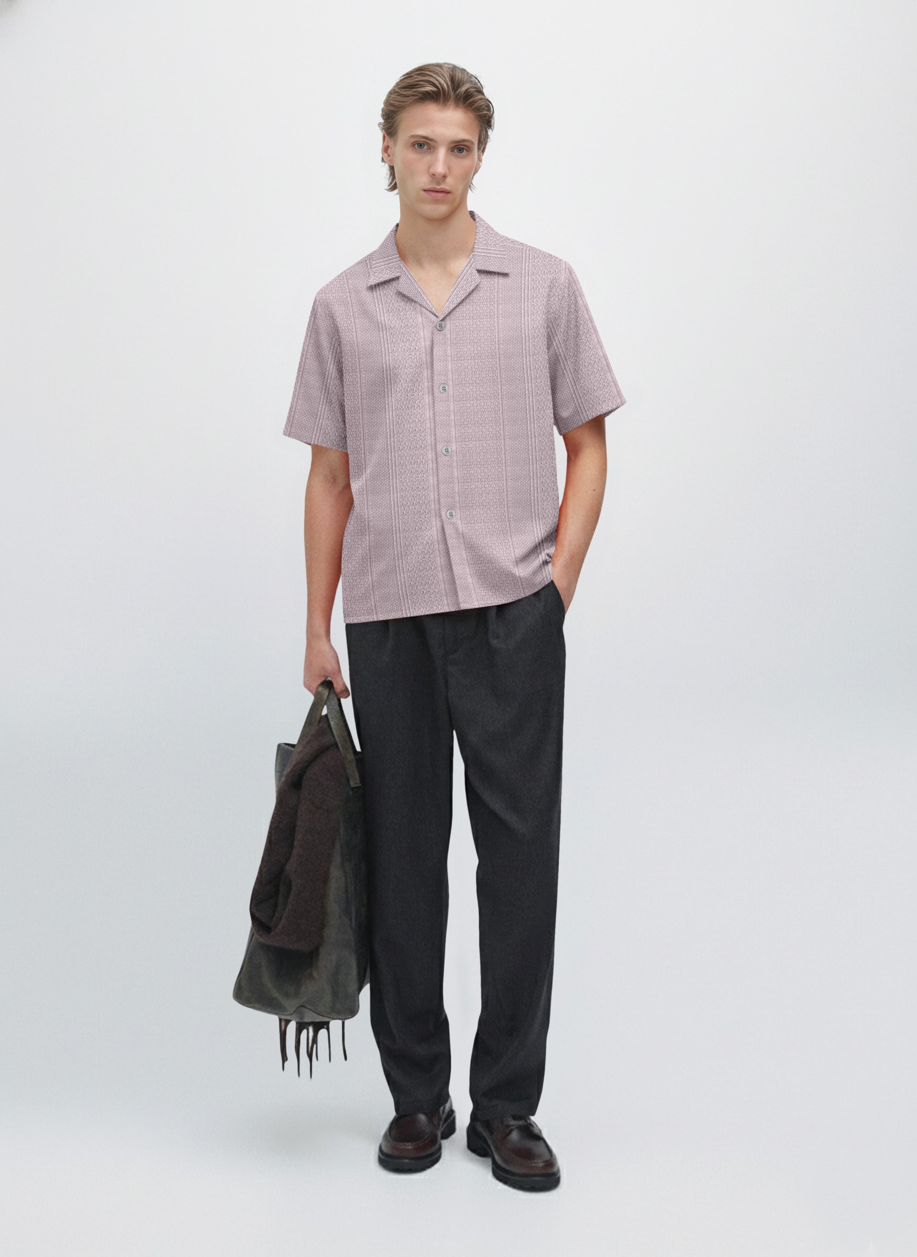 Men's Slim-Fit Light Pink Half-Sleeve Oxford Shirt – Breathable Summer Essential