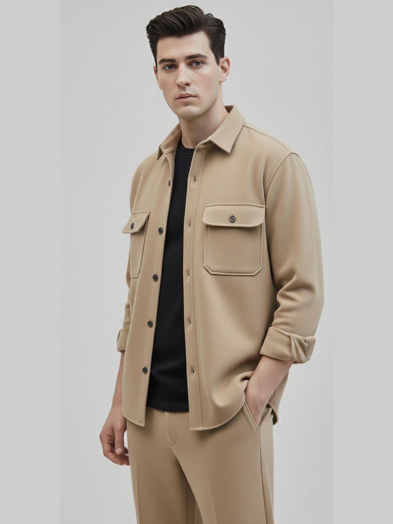 Men’s Sand-Nude Full Sleeve Shirt – Premium Slim-Fit Cotton Poplin