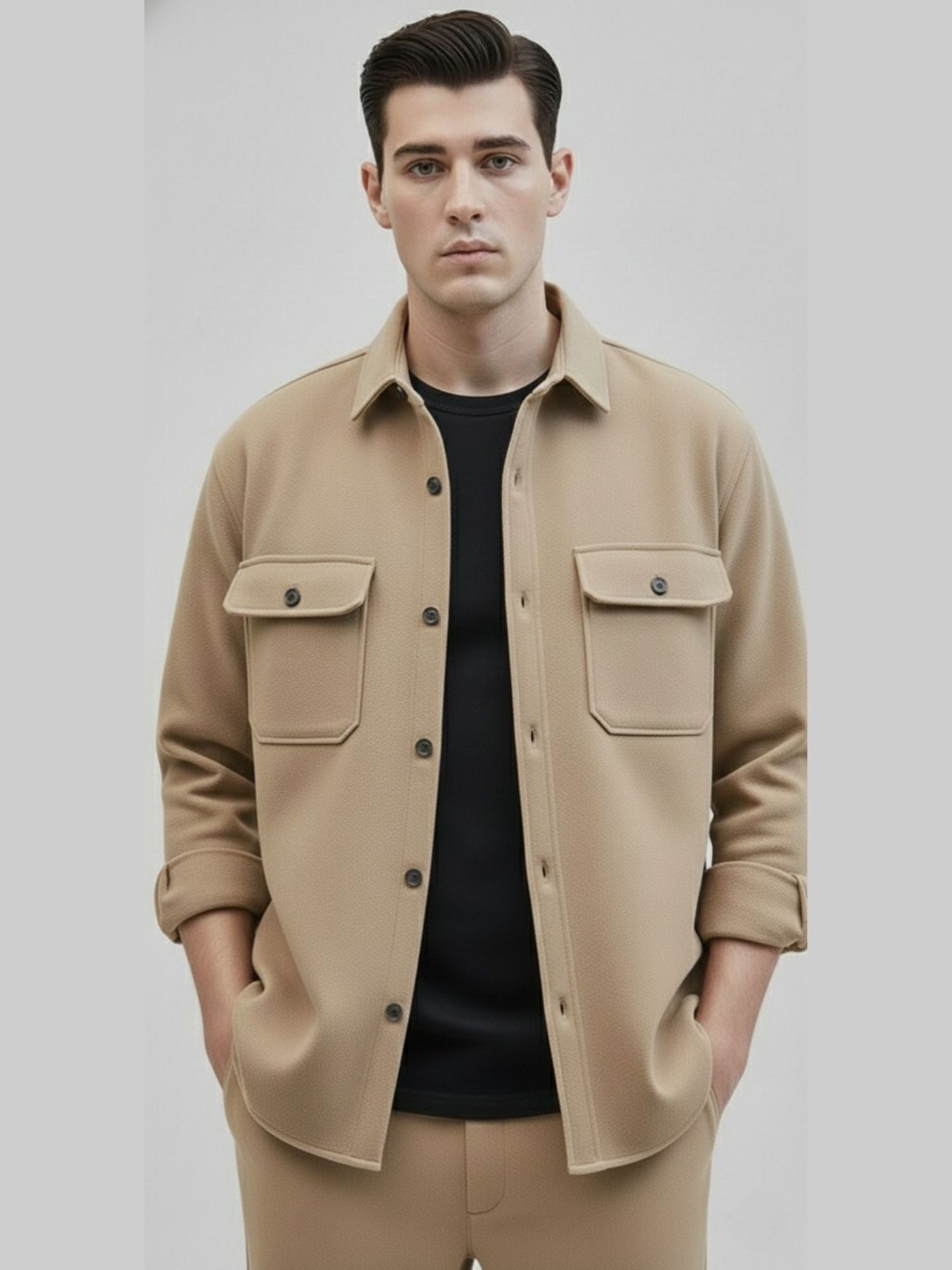 Men’s Sand-Nude Full Sleeve Shirt – Premium Slim-Fit Cotton Poplin