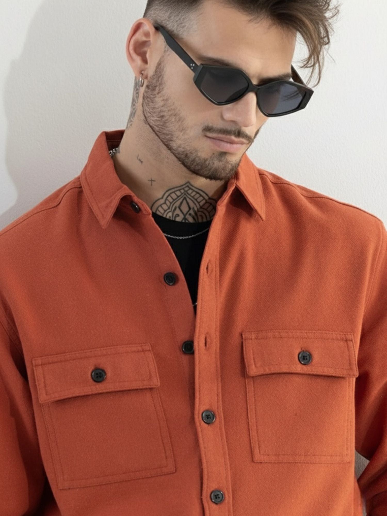 Men’s Mandarin Orange Full Sleeve Shirt – Crisp Cotton Slim-Fit