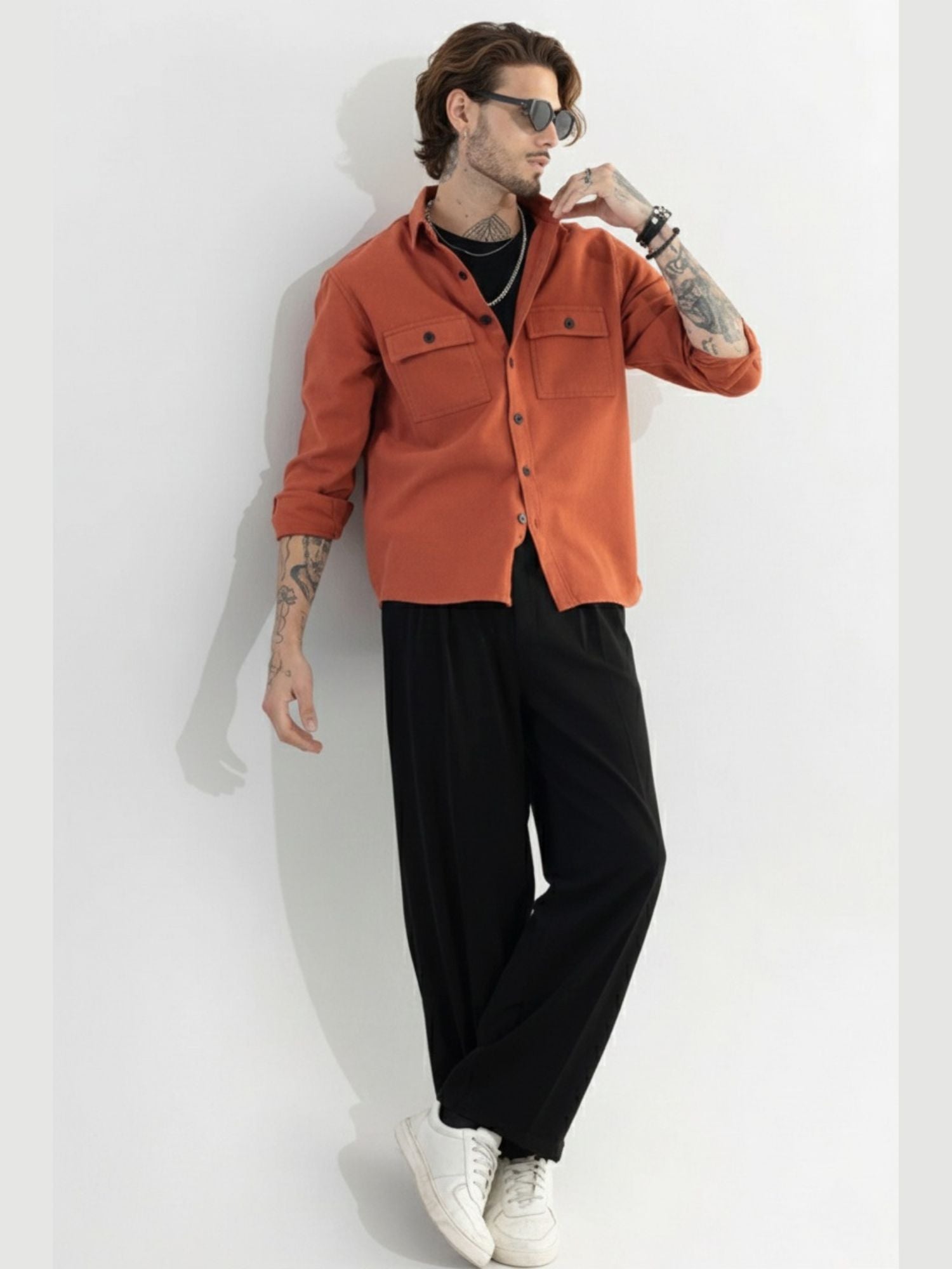 Men’s Mandarin Orange Full Sleeve Shirt – Crisp Cotton Slim-Fit