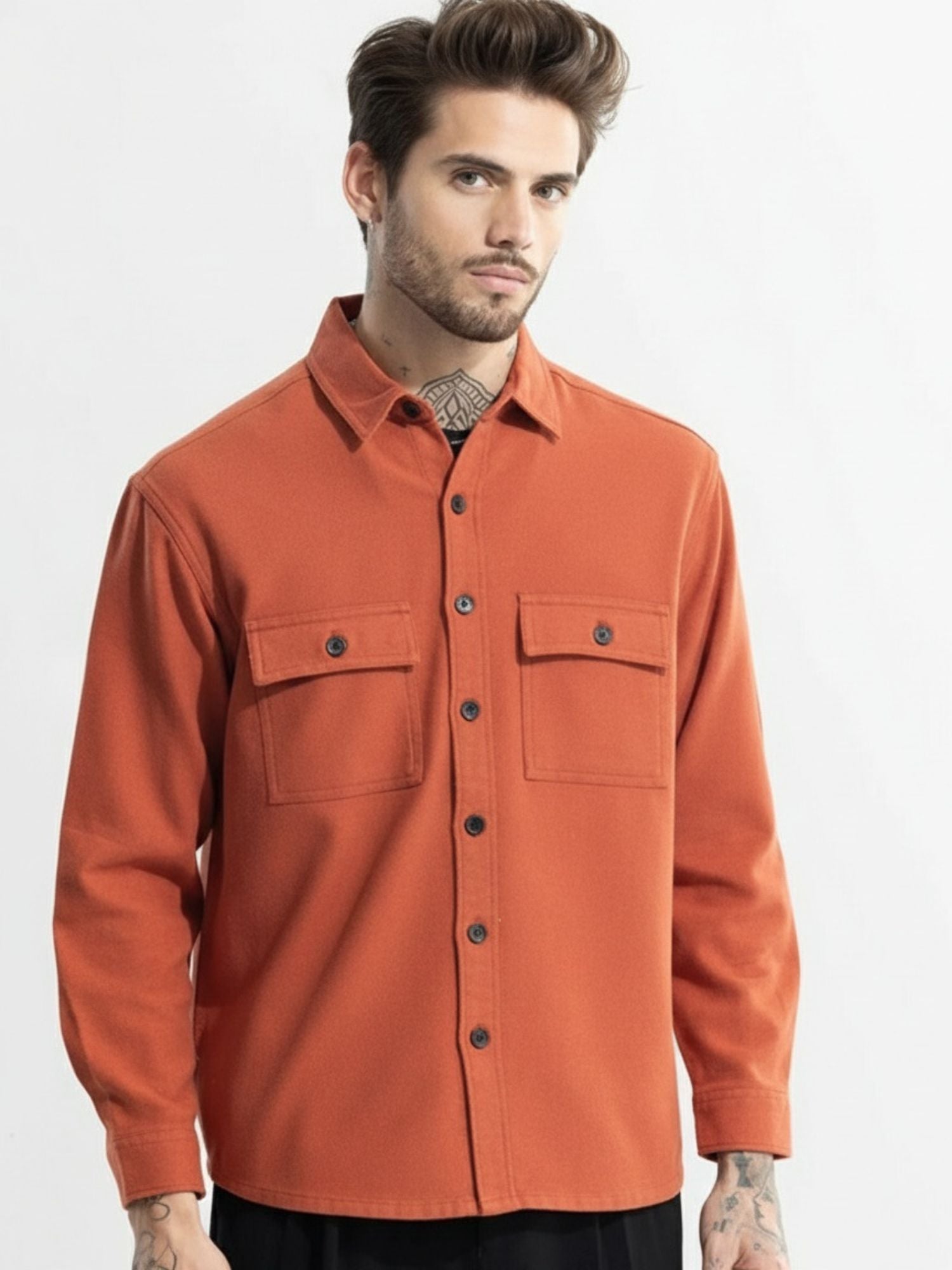 Men’s Mandarin Orange Full Sleeve Shirt – Crisp Cotton Slim-Fit